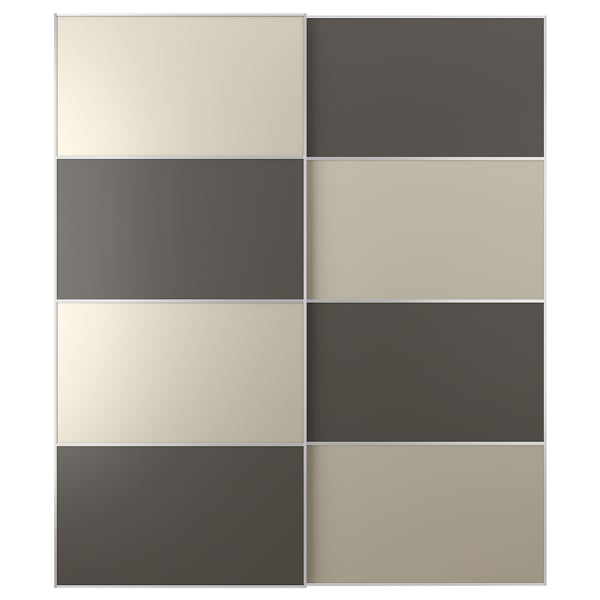 A set of beige and black sliding doors, featuring a modern design with a soft-close mechanism.