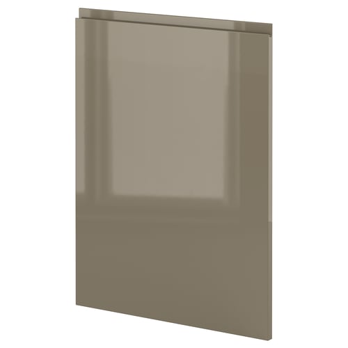 A sleek, high-gloss dark grey-brown kitchen cabinet door from IKEAs METOD system, featuring clean lines and minimalist design.