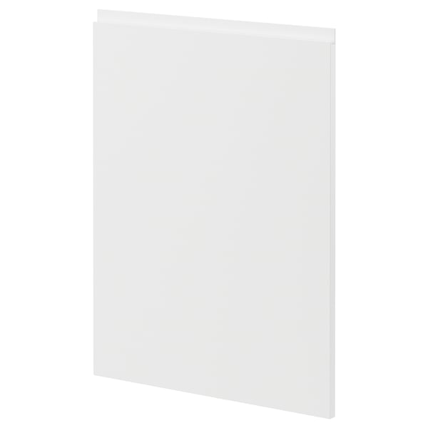 Modern white cabinet door, sleek and minimalist, part of METOD kitchen system, rectangular shape with plastic edges.