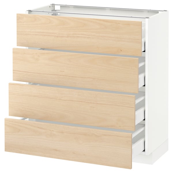 White METOD kitchen unit with light ash wood drawers, smooth-running.