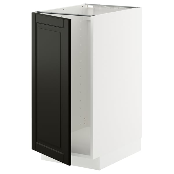 A white METOD kitchen cabinet with a black bodbyn door featuring bevelled edges. It has a sleek, modern design with a clean look.