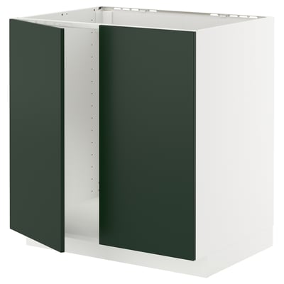 White METOD cabinet with dark green acrylic fibreboard doors.