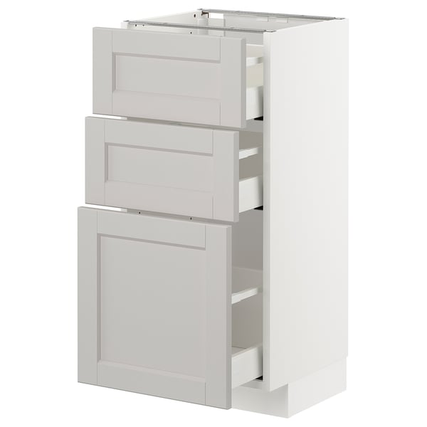 METOD kitchen unit in light grey with three drawers and one cabinet, sleek design with bevelled edges.