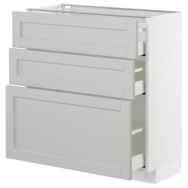 METOD kitchen unit in light grey with three drawers and frame construction.