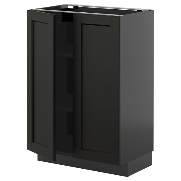 Black kitchen cabinet with two doors, featuring a rectangular shape and bevelled edges for a traditional style.