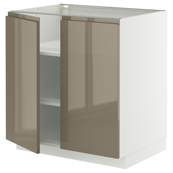 Modern kitchen unit, METOD, high gloss dark grey-brown, double doors, sleek design.