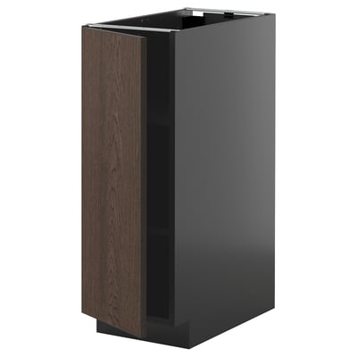 Modern black and dark wood kitchen cabinet with open door.