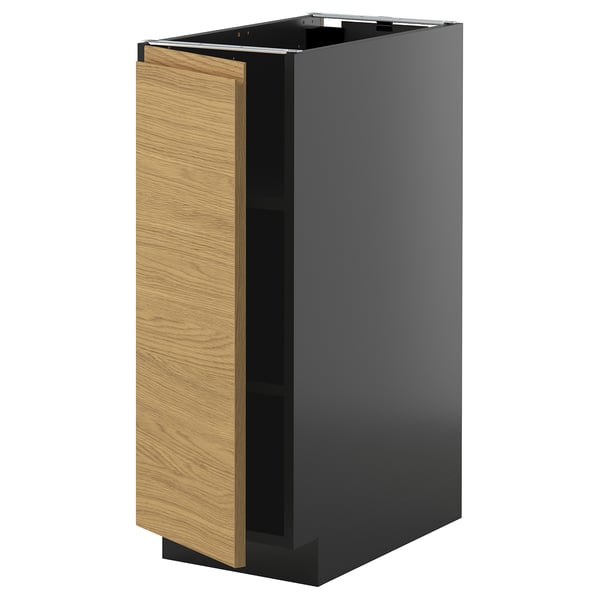 This image the METOD kitchen cabinet in black and oak. The design is modern with minimalistic handles, and it is an upright rectangular shape.