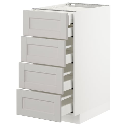 White METOD kitchen unit with four grey drawers, bevelled edges.