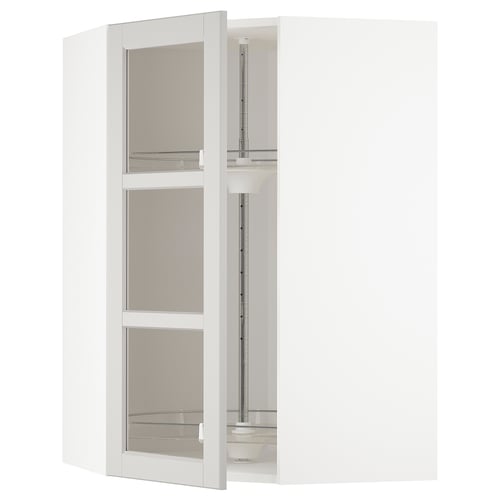Open white corner kitchen unit with glass doors, adjustable shelves inside, modern design.