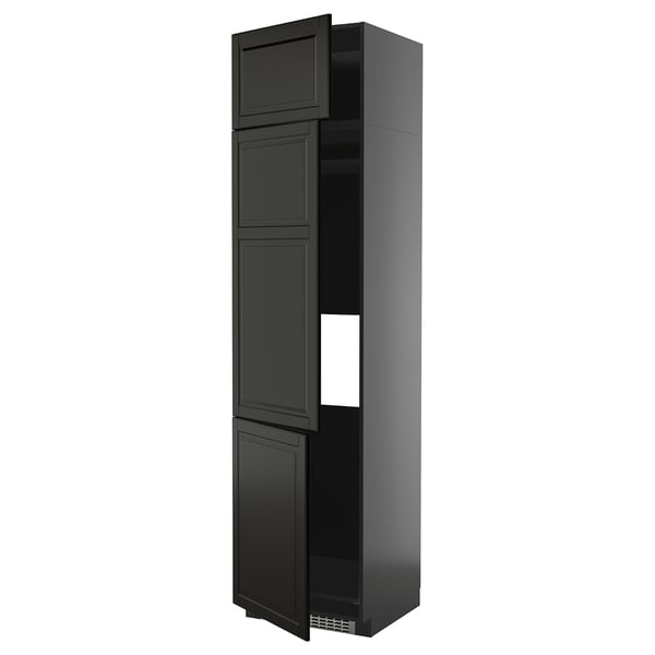 Black modern kitchen cabinet with bevelled edges and multiple shelves.
