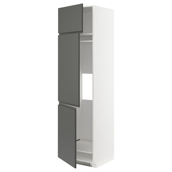 Modern kitchen tall unit, grey, white, sleek design. Shelves, vented bottom, black handle.