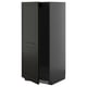 Black tall kitchen cabinet with smooth, dark finish, sleek design, one door, and metal vent at bottom.