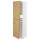 White and oak cabinet with two open doors.