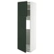 A tall white METOD kitchen cabinet with green havstorp doors, featuring a sleek and modern design.