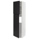 Modern tall white kitchen cabinet with black doors, stainless steel handles, adjustable shelves.