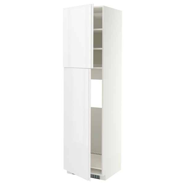 METOD High cabinet for fridge w 2 doors, white/VOXTORP high-gloss white vertical handle, 60x60x220 cm