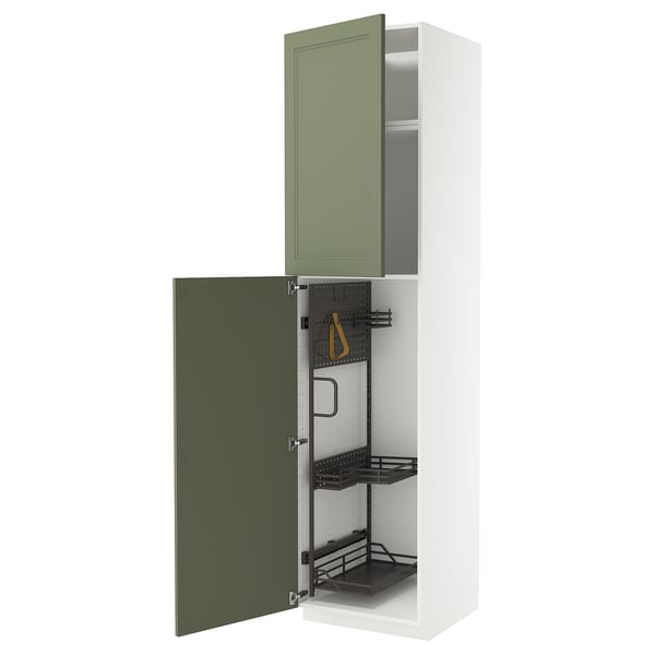 Green and white cabinet from METOD series, open displaying interior organisation.