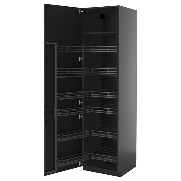 Open black kitchen cabinet with multiple shelves. Space-saving design by IKEA.