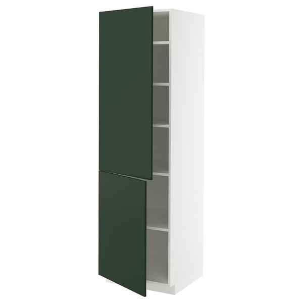 A white METOD kitchen cabinet with green doors. It has open shelves inside. The cabinet modern design and snap-on hinges.