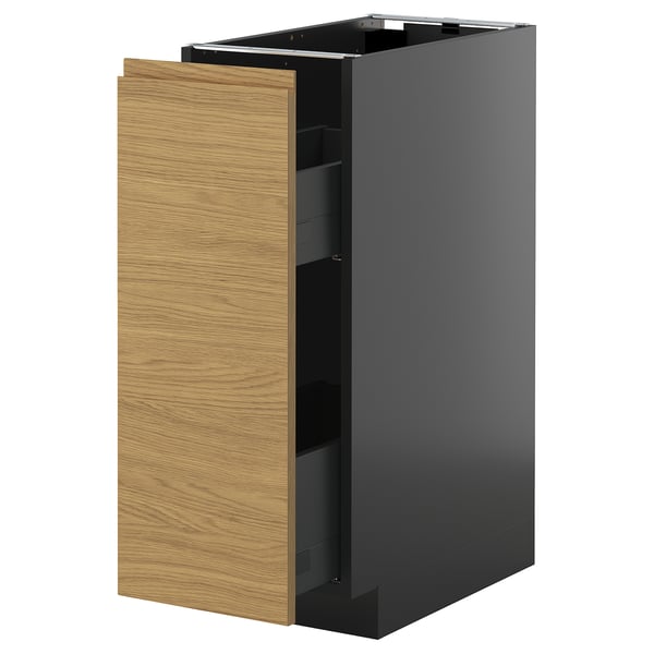 A dark grey METOD kitchen cabinet with a wooden front door and pull-out shelves.