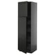 Black METOD kitchen cabinet with bevelled edges, high with two open doors revealing shelves, set against white.