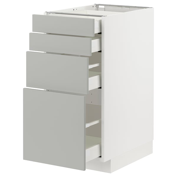 METOD white cabinet with grey drawers, modern clean design.