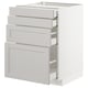 White kitchen cabinet, modern design, multiple drawers, light grey, wooden, rectangular.