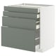 Modern kitchen cabinet set in gray-green, featuring multiple drawers and sleek handles, designed with a contemporary aesthetic.