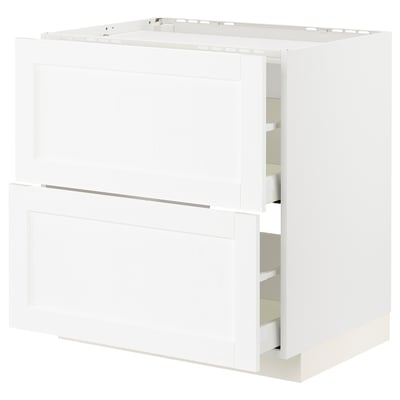 White ikea METOD kitchen cabinet with drawers and shelves.