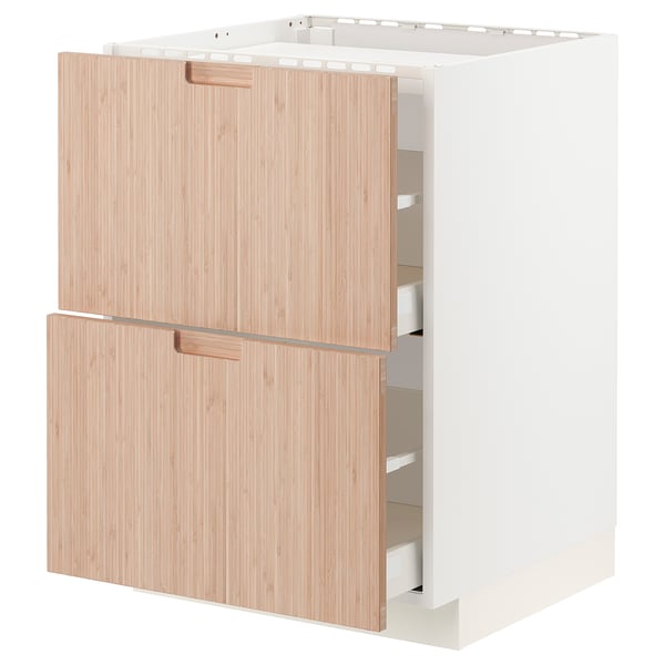METOD white kitchen cabinet with natural bamboo drawers.