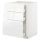 White modern kitchen cabinet with glossy finish and three drawers, part of IKEAs METOD system.