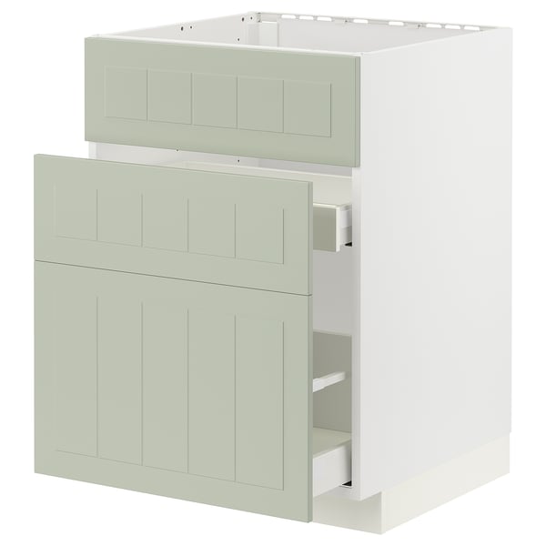 Green METOD kitchen unit with drawer open, white background.