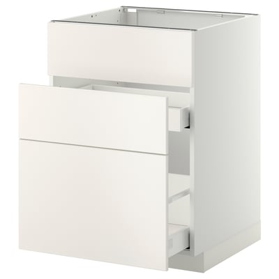 METOD white kitchen cabinet, sleek modern design, two drawers open, smooth surfaces.