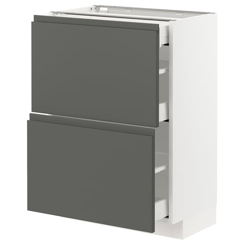 A white METOD kitchen module with dark grey drawers. It a sleek, modern design with integrated handles.