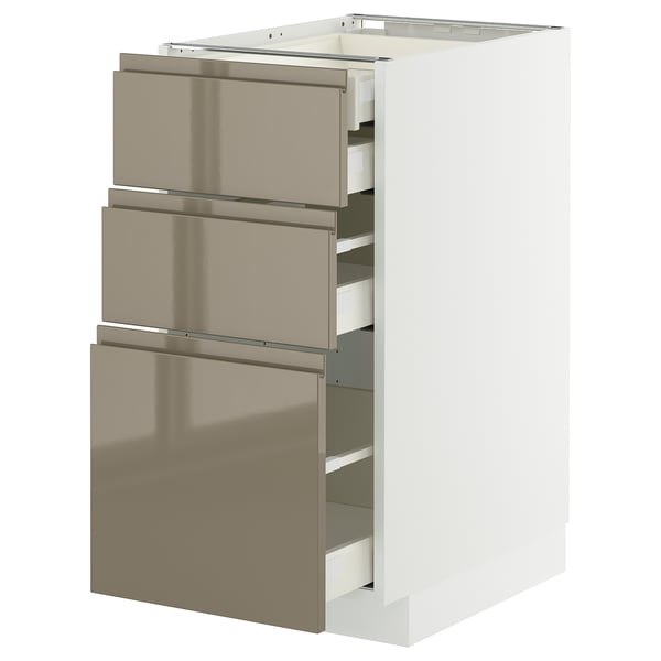 White METOD kitchen cabinet with 3 high-gloss dark gray-brown drawers, sleek handles.