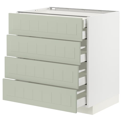 A green METOD kitchen cabinet with four drawers and a white frame, featuring a modern and functional design.