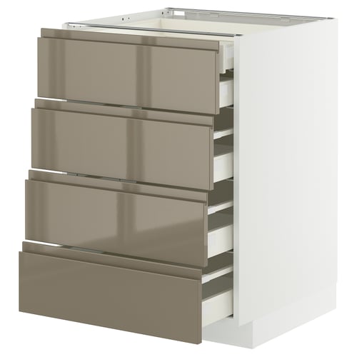 A sleek, white kitchen cabinet with four metallic dark grey-brown drawers. It has a modern, minimalist design.