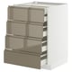A sleek, white kitchen cabinet with four metallic dark grey-brown drawers. It has a modern, minimalist design.