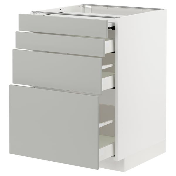 Modern white kitchen cabinet with grey drawers, sleek design, five pull-out drawers.