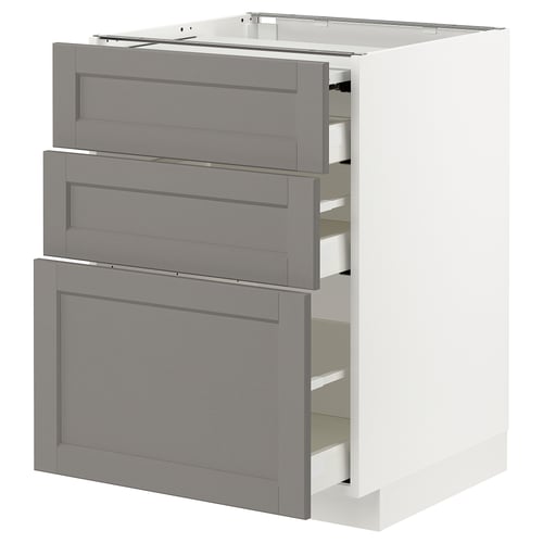 Modern grey METOD kitchen cabinet with three drawers and sleek, bevelled edges.