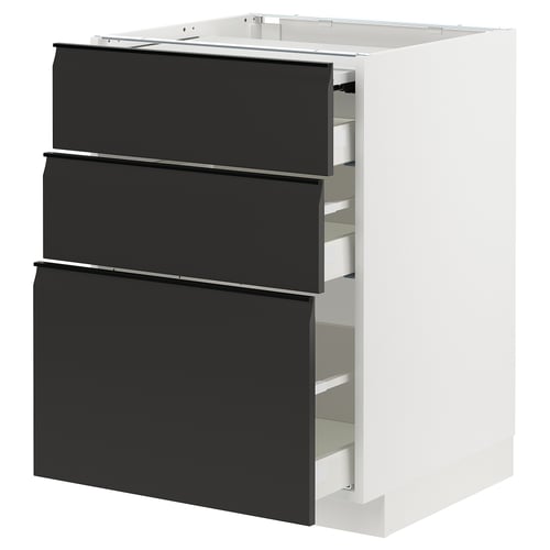 White kitchen cabinet with three black drawers featuring modern design.