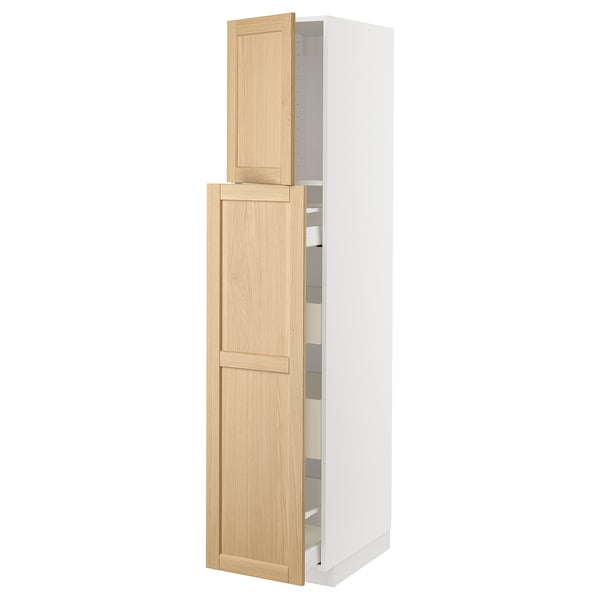 Modern white kitchen cabinet with light wood doors, sleek and tall, featuring sleek design and multiple shelves.
