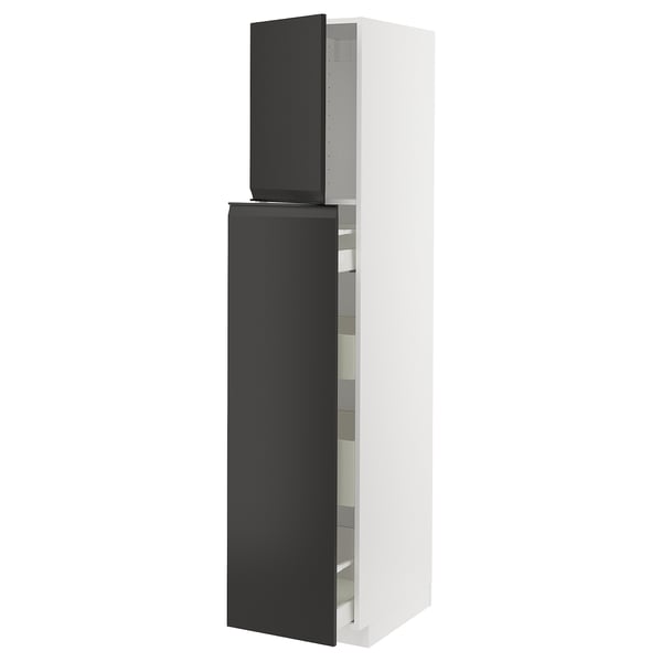 METOD kitchen cabinet in white and black matte with integrated handles.