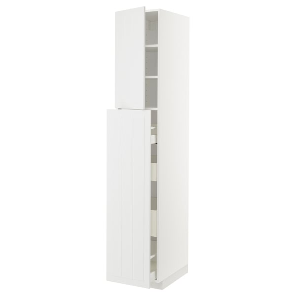White METOD tall kitchen unit with two open shelves and a drawer. Modern, rectangular design with smooth surfaces.