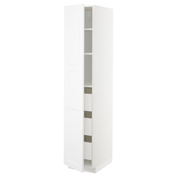 White kitchen cabinet with adjustable shelves and drawers. Modern design, made of particleboard and fiberboard.