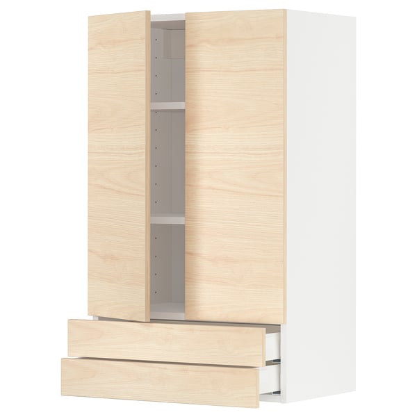 Modern kitchen cabinet with light ash doors, two drawers, and adjustable shelves.