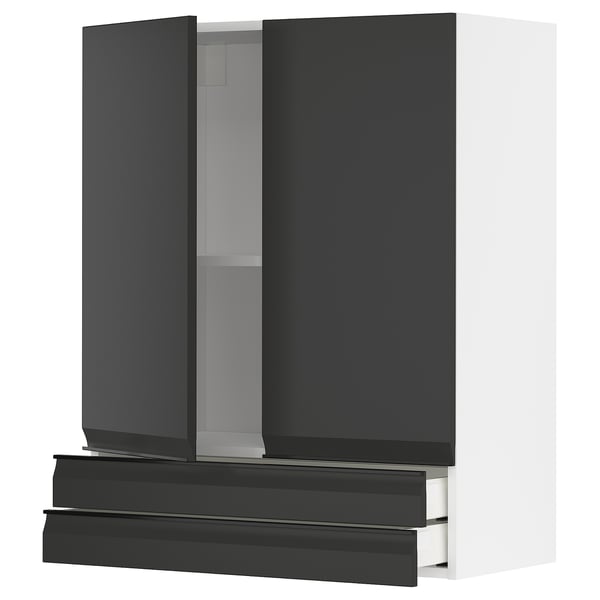Modern black kitchen cabinet with sleek, matte finish and integrated handle, featuring a handle-less design.