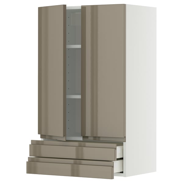 Elegant grey-brown kitchen cabinet with drawers and adjustable shelves.