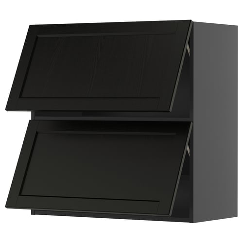 Black kitchen cabinets, two square doors with bevelled edges.